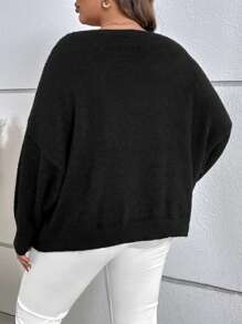 SHEIN LUNE 大碼珍珠串珠落肩袖套頭毛衣 - 黑色 - 查看 2