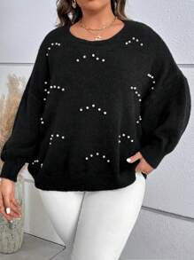 SHEIN LUNE 大碼珍珠串珠落肩袖套頭毛衣 - 黑色 - 查看 1