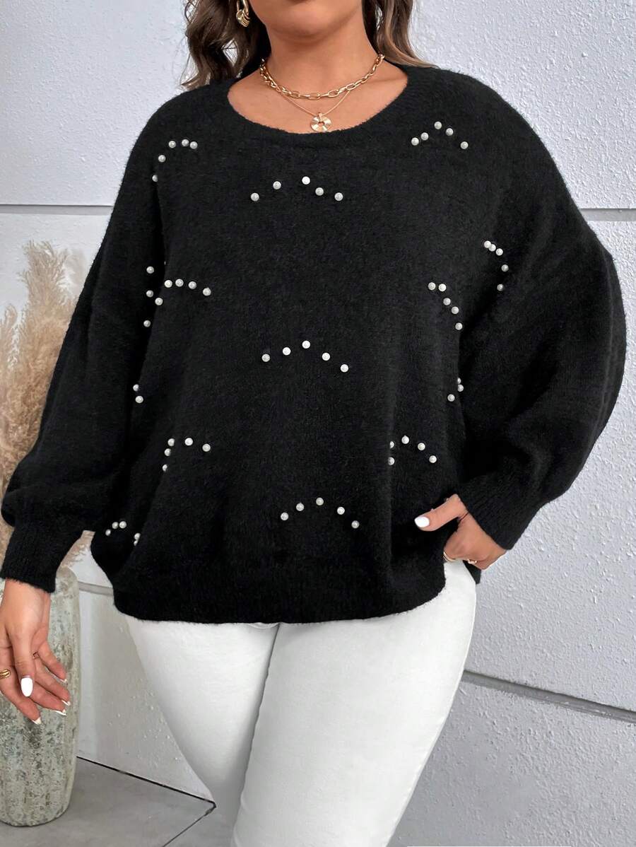 SHEIN LUNE 大碼珍珠串珠落肩袖套頭毛衣 - 黑色 - 查看 1