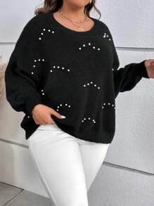 SHEIN LUNE 大碼珍珠串珠落肩袖套頭毛衣 - 黑色 - 查看 6