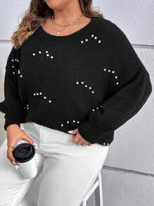 SHEIN LUNE 大碼珍珠串珠落肩袖套頭毛衣 - 黑色 - 查看 7