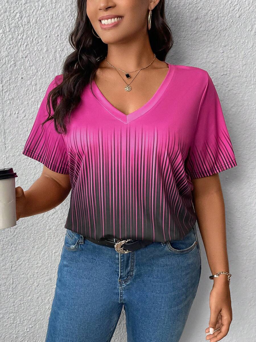 EMERY ROSE Hơn In sọc Cổ v Áo thun - Nhiều màu - Xem 1