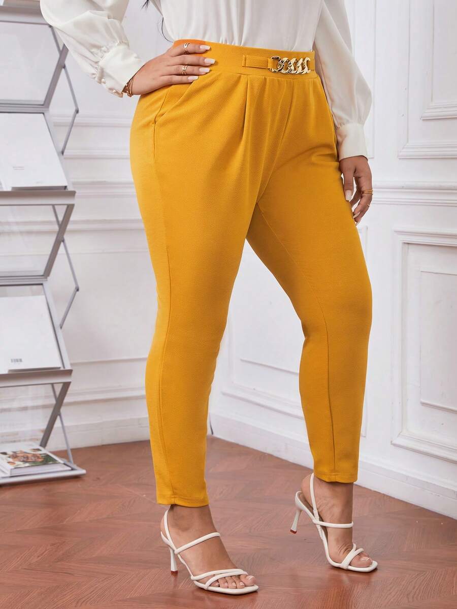 SHEIN Privé 大碼鏈條細節褶皺長褲 - 黃色 - 查看 1