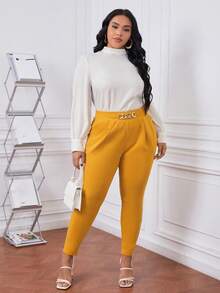 SHEIN Privé 大碼鏈條細節褶皺長褲 - 黃色 - 查看 5