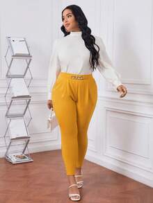 SHEIN Privé 大碼鏈條細節褶皺長褲 - 黃色 - 查看 6