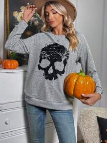 SHEIN LUNE Halloween Skull Print Raglan Sleeve Sweatshirt