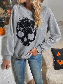 SHEIN LUNE Halloween Skull Print Raglan Sleeve Sweatshirt