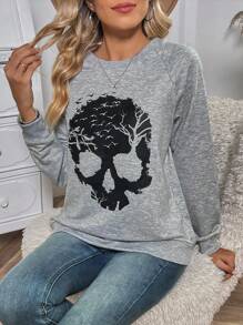 SHEIN LUNE Halloween Skull Print Raglan Sleeve Sweatshirt