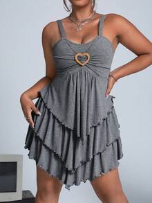 SHEIN ICON 大碼心环相连木耳邊褶邊吊帶連衣裙 - 淺灰色 - 查看 4