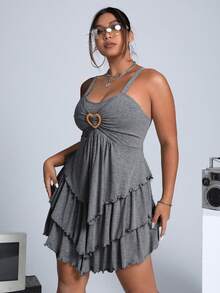 SHEIN ICON 大碼心环相连木耳邊褶邊吊帶連衣裙 - 淺灰色 - 查看 3