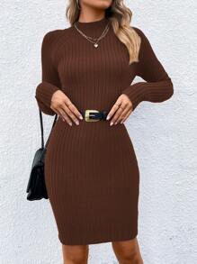 SHEIN Essnce Mock Neck Raglan Sleeve Ribbed Knit Jumper Dress Without Belt - Chocolate Brown - View 1