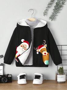 SHEIN Kleiner Junge 1 Stück Jacke mit Weihnachtsmuster, Teddy Futter, Kapuze, - Schwarz - Übersicht 4
