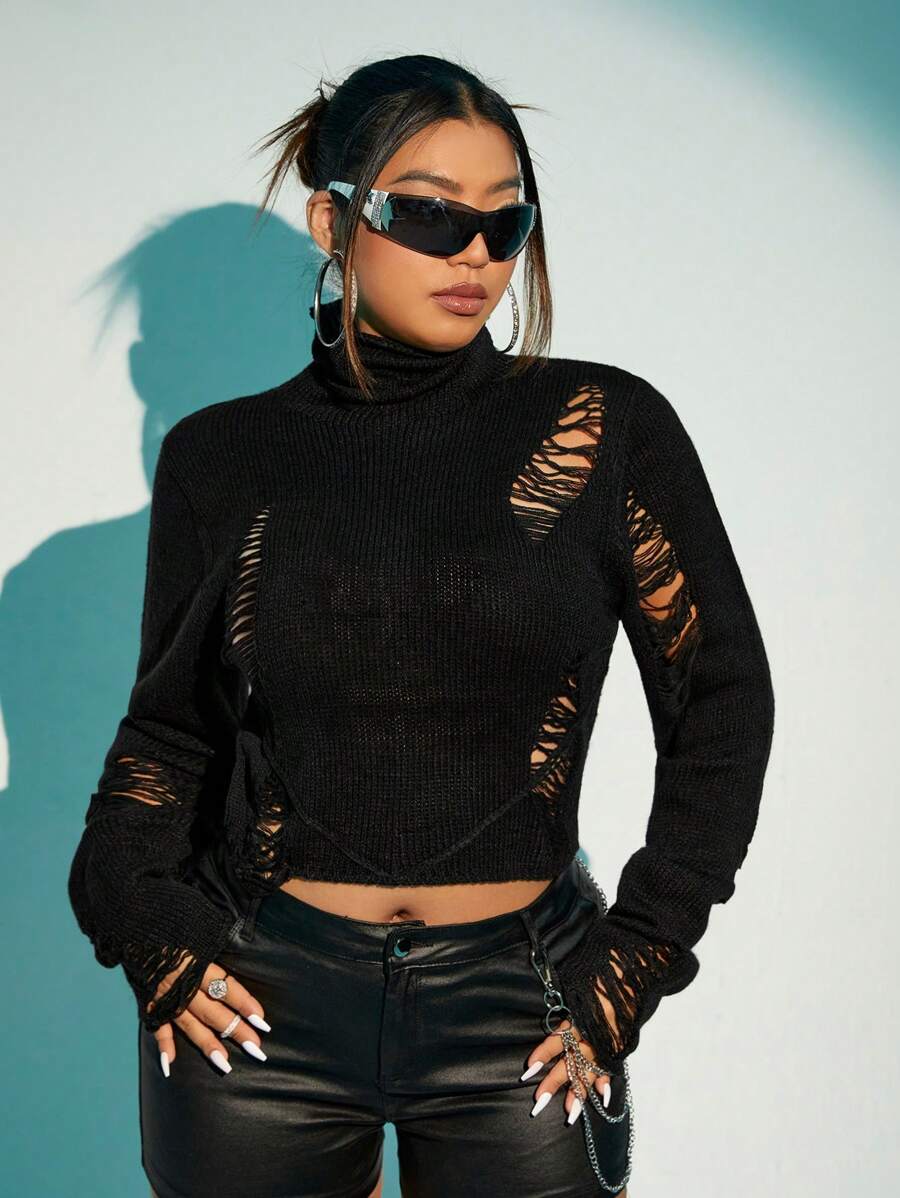 SHEIN ICON Plus High Neck Ripped Crop Sweater, For Winter - Black - View 1