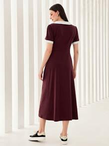 Mulvari Burgundy Red Contrast Collar Drawstring Front Dress