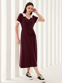Mulvari Burgundy Red Contrast Collar Drawstring Front Dress