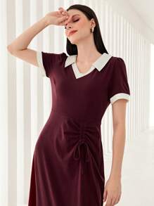 Mulvari Burgundy Red Contrast Collar Drawstring Front Dress
