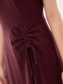 Mulvari Burgundy Red Contrast Collar Drawstring Front Dress
