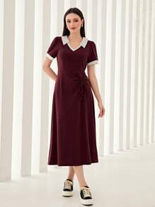 Mulvari Burgundy Red Contrast Collar Drawstring Front Dress