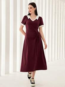 Mulvari Burgundy Red Contrast Collar Drawstring Front Dress