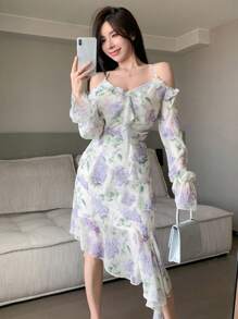 DAZY 全身花卉荷叶边不对称下摆连衣裙 花朵连衣裙 吊带裙 度假装扮 女士复活节 - 紫色 - 查看 2