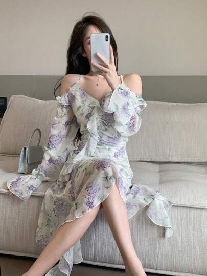 DAZY 全身花卉荷叶边不对称下摆连衣裙 花朵连衣裙 吊带裙 度假装 女装 复活节 波西米亚风