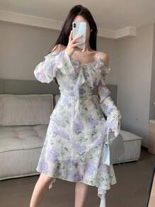 DAZY 全身花卉荷叶边不对称下摆连衣裙 花朵连衣裙 吊带裙 度假装扮 女士复活节 - 紫色 - 查看 3