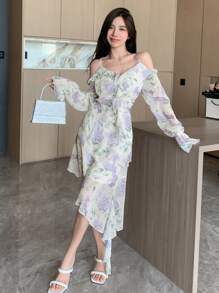 DAZY 全身花卉荷叶边不对称下摆连衣裙 花朵连衣裙 吊带裙 度假装扮 女士复活节 - 紫色 - 查看 4