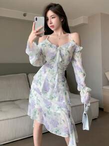 DAZY 全身花卉荷叶边不对称下摆连衣裙 花朵连衣裙 吊带裙 度假装扮 女士复活节 - 紫色 - 查看 5