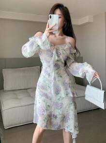 DAZY 全身花卉荷叶边不对称下摆连衣裙 花朵连衣裙 吊带裙 度假装扮 女士复活节 - 紫色 - 查看 6