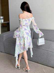 DAZY 全身花卉荷叶边不对称下摆连衣裙 花朵连衣裙 吊带裙 度假装扮 女士复活节 - 紫色 - 查看 8