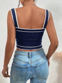 SHEIN Privé Tương phản ràng buộc Nút phía trước Áo thun dệt kim Cami - Màu xanh hải quân - Xem 2