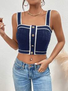 SHEIN Privé Tương phản ràng buộc Nút phía trước Áo thun dệt kim Cami - Màu xanh hải quân - Xem 4
