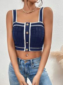 SHEIN Privé Tương phản ràng buộc Nút phía trước Áo thun dệt kim Cami - Màu xanh hải quân - Xem 5