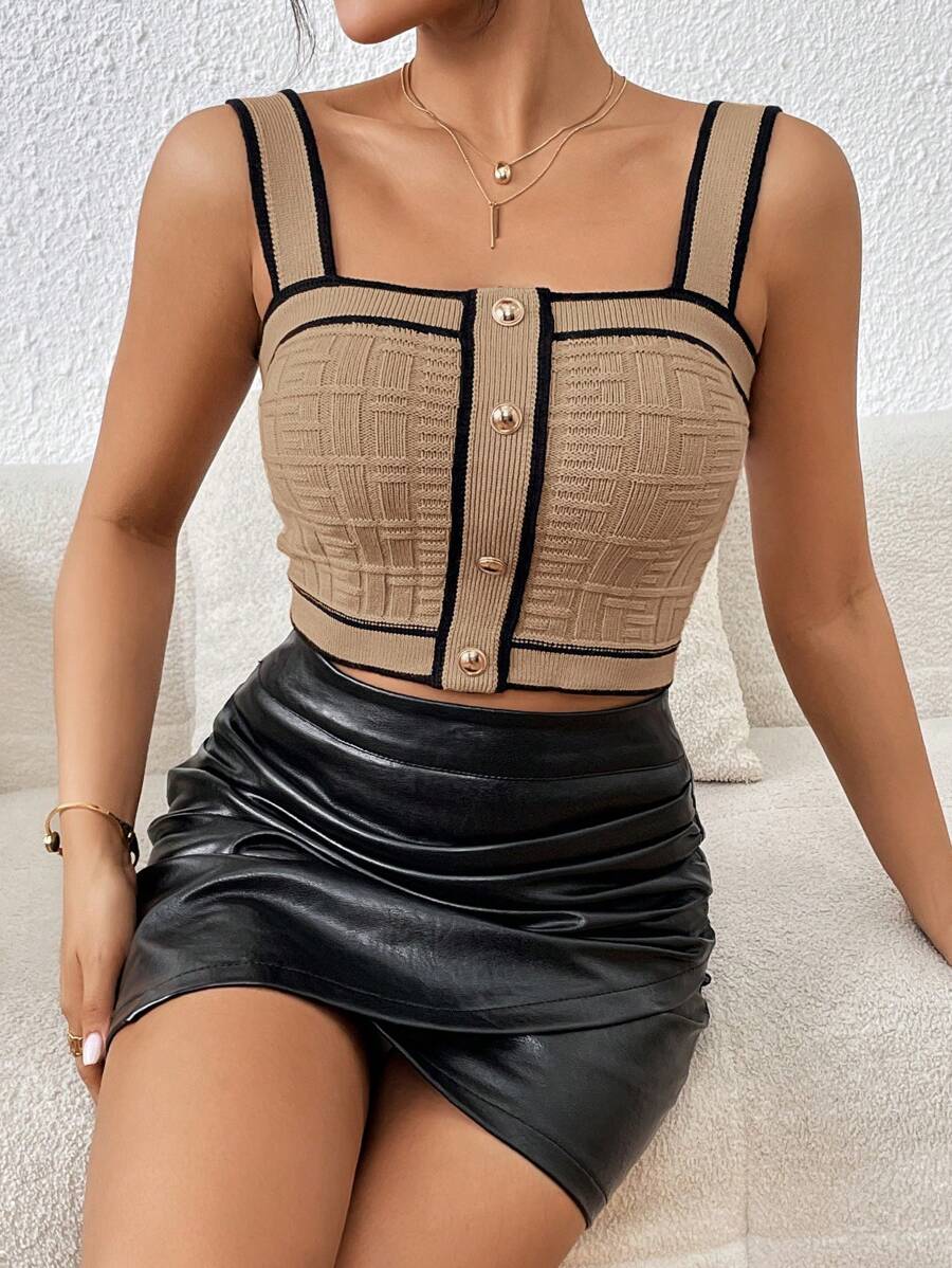 SHEIN Privé Tương phản ràng buộc Nút phía trước Áo thun dệt kim Cami - Màu Khaki - Xem 1