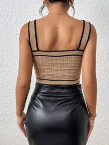 SHEIN Privé Tương phản ràng buộc Nút phía trước Áo thun dệt kim Cami - Màu Khaki - Xem 2