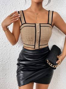 SHEIN Privé Tương phản ràng buộc Nút phía trước Áo thun dệt kim Cami - Màu Khaki - Xem 6