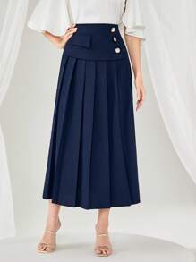 Modelyn 紐扣細節百褶半身裙 - 藏蓝色 - 查看 5