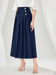 Modelyn 紐扣細節百褶半身裙 - 藏蓝色 - 查看 1
