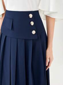 Modelyn 紐扣細節百褶半身裙 - 藏蓝色 - 查看 4