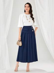 Modelyn 紐扣細節百褶半身裙 - 藏蓝色 - 查看 3