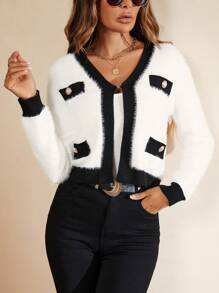 SHEIN Clasi Contrast Trim Fluffy Knit Cardigan - Black and White - View 1