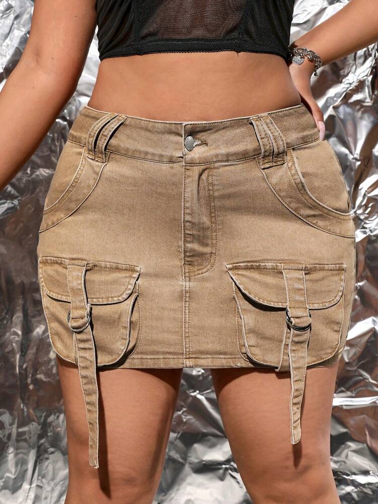 Plus Summer Flap Pocket Buckle Detail Denim Skirt