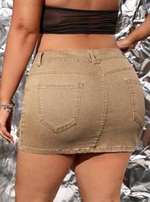 SHEIN ICON Plus Summer Flap Pocket Buckle Detail Denim Skirt - Camel - View 2