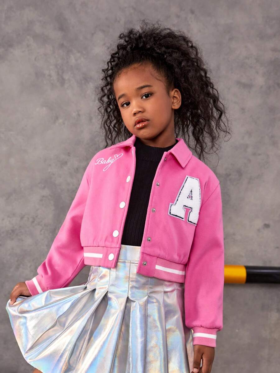 SHEIN Tween Girl Casual Knit Badge Decor Reversible Wool Jacket Coat