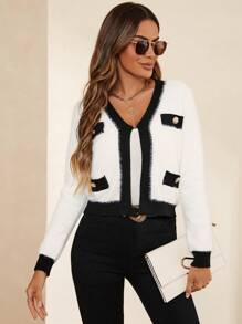 SHEIN Clasi Contrast Trim Fluffy Knit Cardigan - Black and White - View 6