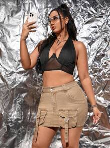SHEIN ICON Plus Summer Flap Pocket Buckle Detail Denim Skirt - Camel - View 3