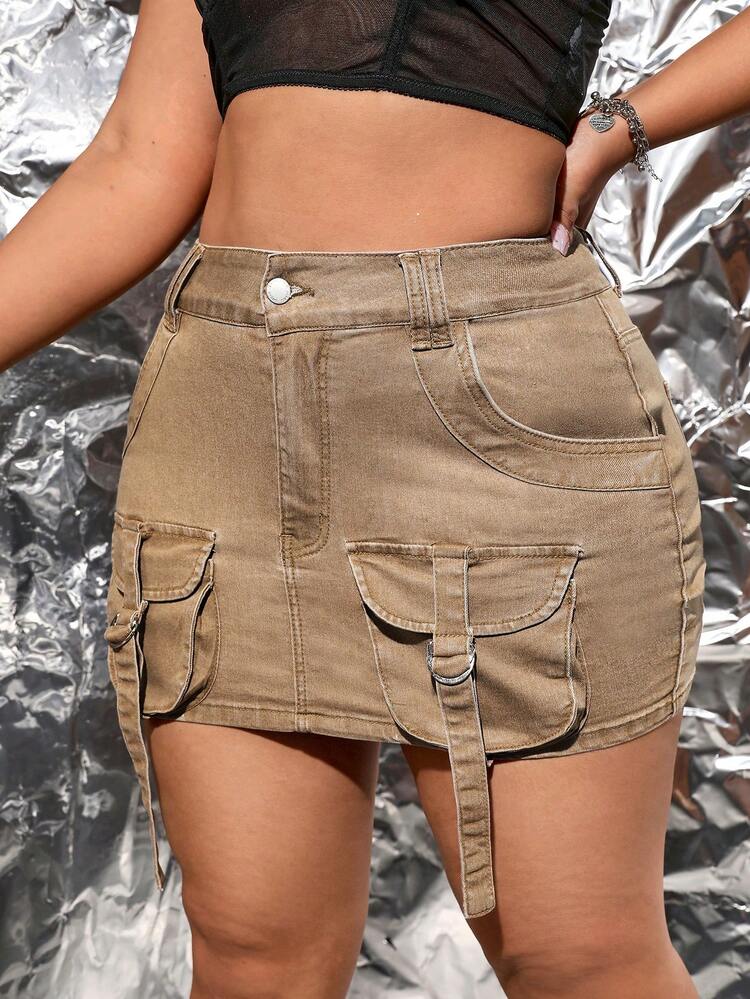 Plus Summer Flap Pocket Buckle Detail Denim Skirt