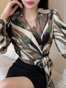 DAZY 全身印花侧边系带裹身衬衫，秋季长袖上衣图案T恤 - 彩色 - 查看 3