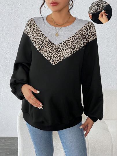 SHEIN Maternity Leopard Print Colorblock Drop Shoulder Nursing Sweatshirt With Long Sleeve