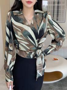 DAZY 全身印花侧边系带裹身衬衫，秋季长袖上衣图案T恤 - 彩色 - 查看 8